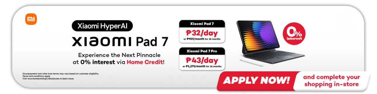 Banner showing Xiaomi Pad 7 as low as P32 pesos per day at shoppingmall.