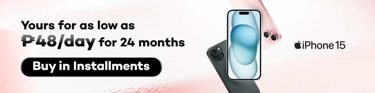 Banner showing iPhone 15 for as low as P48 per day at shoppingmall.