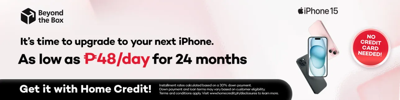 Banner showing iPhone 15 at P48/day at Beyond the Box