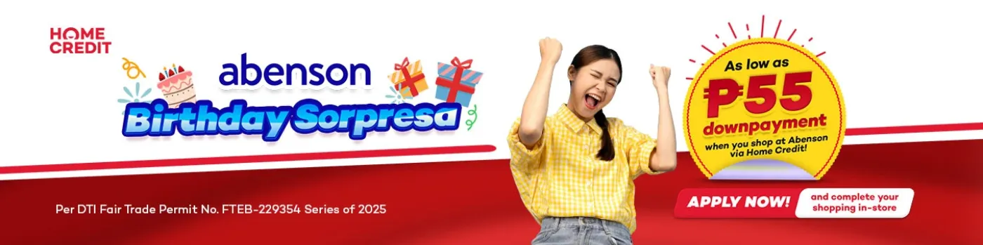 Banner showing Abensons Birthday sorpresa for as low as P55 downpayment