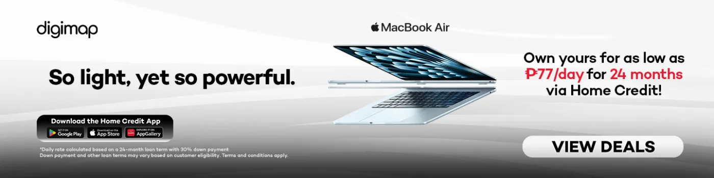 Banner showing Macbook Air at P77 per day for 24 mos at Digimap