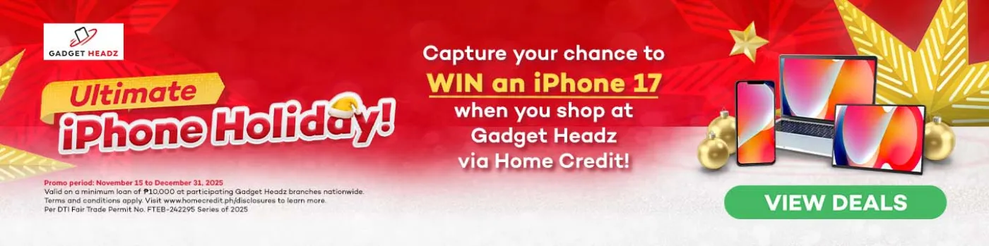 Banner showing Gadget Headz chance to win iPhone17 with purchase via Home Credit