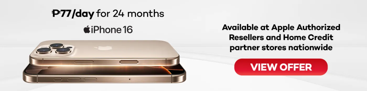 Banner showing iPhone 16 at P77 per day for 24 months