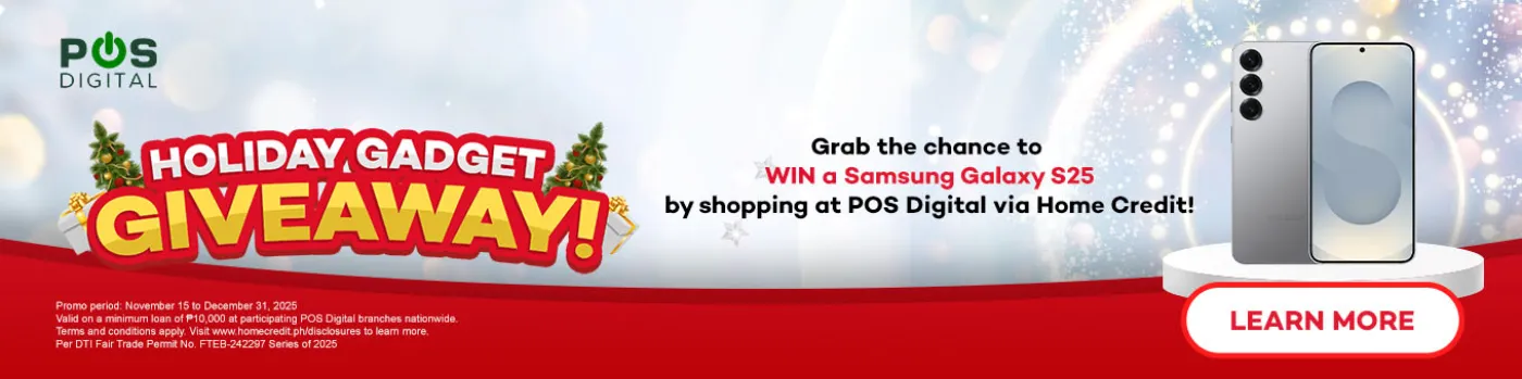 Banner showing POS Digital's chance to win Samsung S25 with purchase via Home Credit