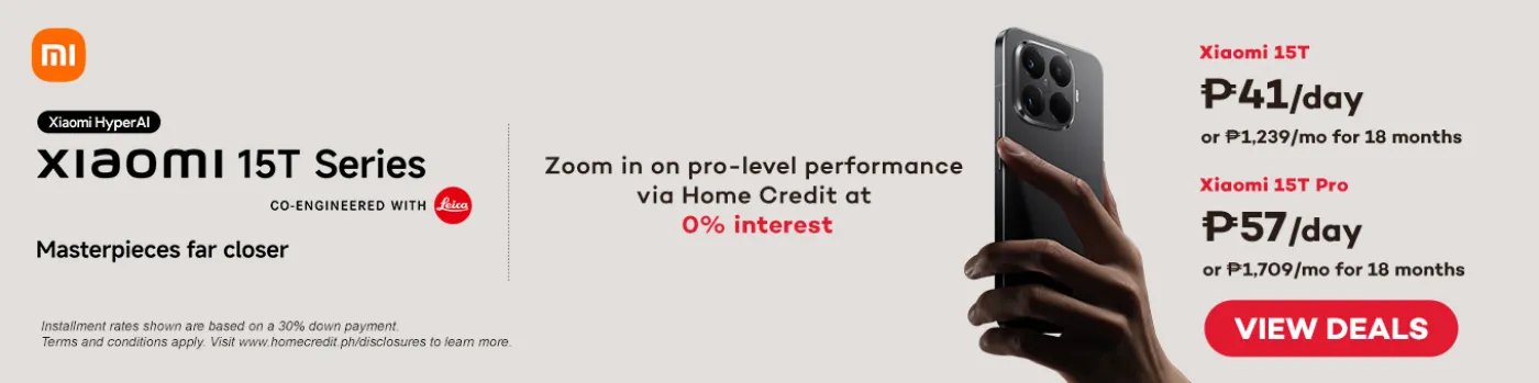 Banner showing Xiaomi 15T series at P41 and P57 per day