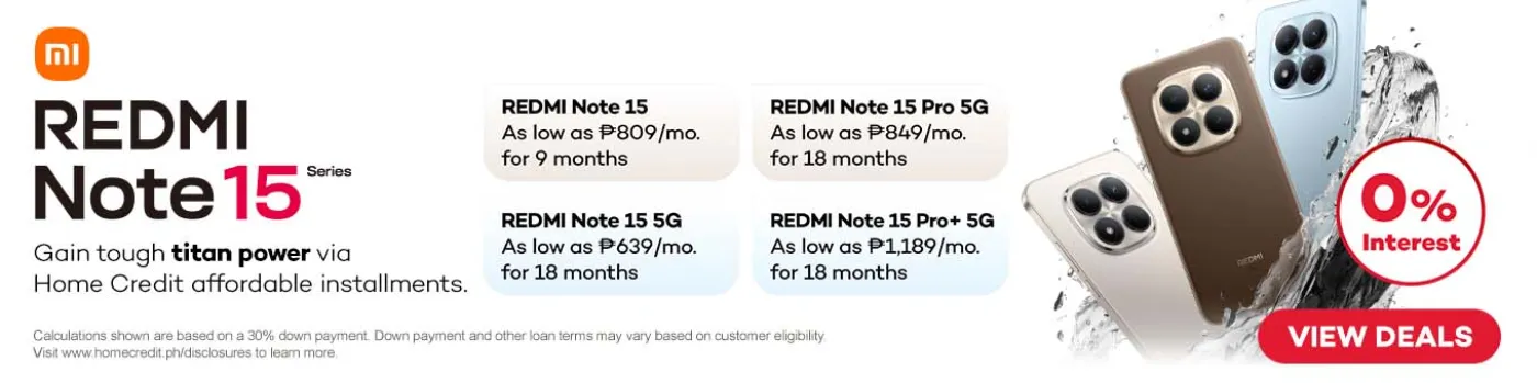 Banner showing Redmi Note 15 Series launch as low as P639/month