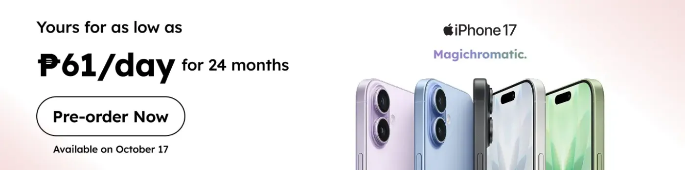 Banner showing iPhone 17 at P61 per day Pre-order