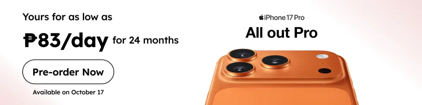 Banner showing iPhone 17 Pro at P83 per day Pre-order