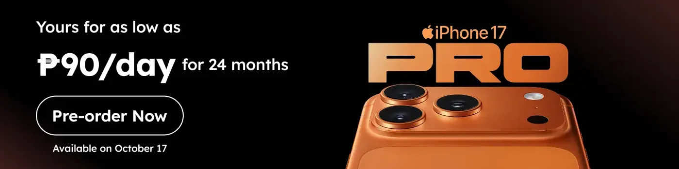 Banner showing iPhone 17 Pro Max at P90 per day Pre-order
